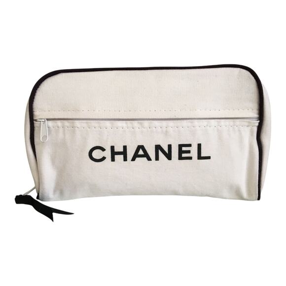 Vintage Chanel Canvas Cosmetic Bag Toiletry Makeup Beauty Pouch White Black - Picture 1 of 14